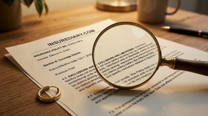 Open insurance policy document showing jewelry exclusion clause language