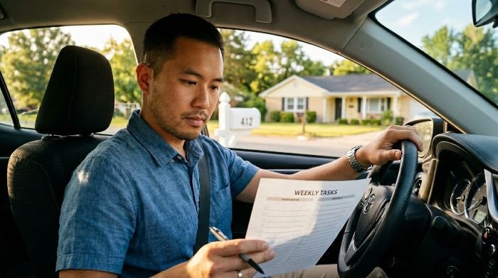 Immigrant driver reviewing car insurance checklist before hitting US roads