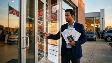 New immigrant holding car keys in one hand and insurance documents in other hand outside US car dealership