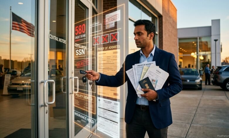 New immigrant holding car keys in one hand and insurance documents in other hand outside US car dealership