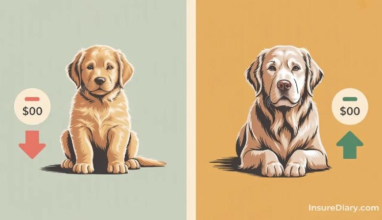 Puppy and senior dog side by side representing pet insurance age impact