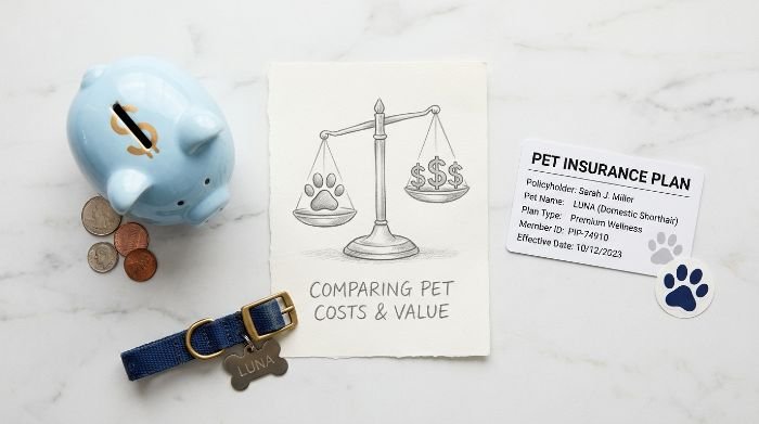 Piggy bank next to pet insurance card showing financial planning for pets