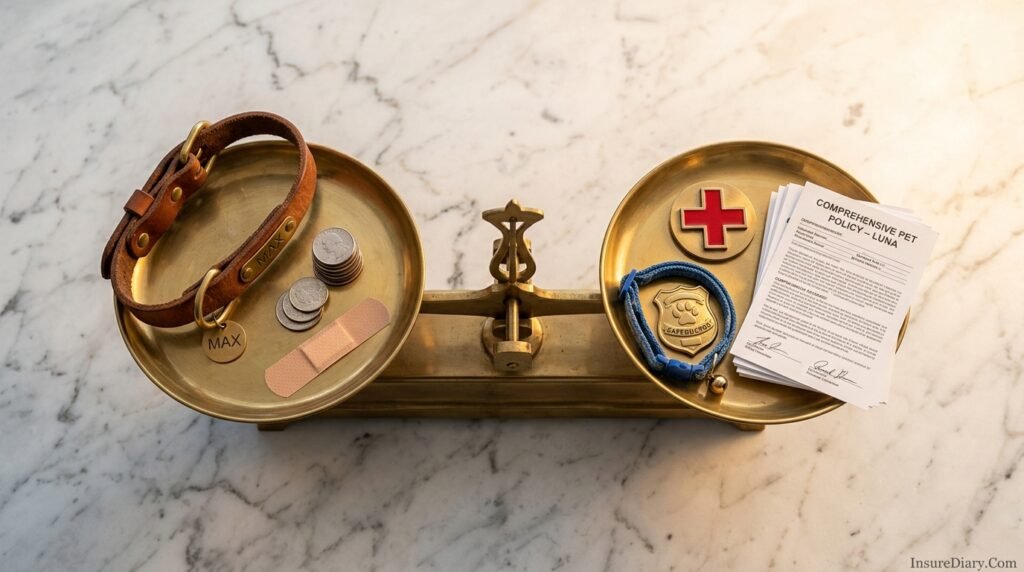 Flat lay scale comparing accident-only vs comprehensive pet insurance coverage options