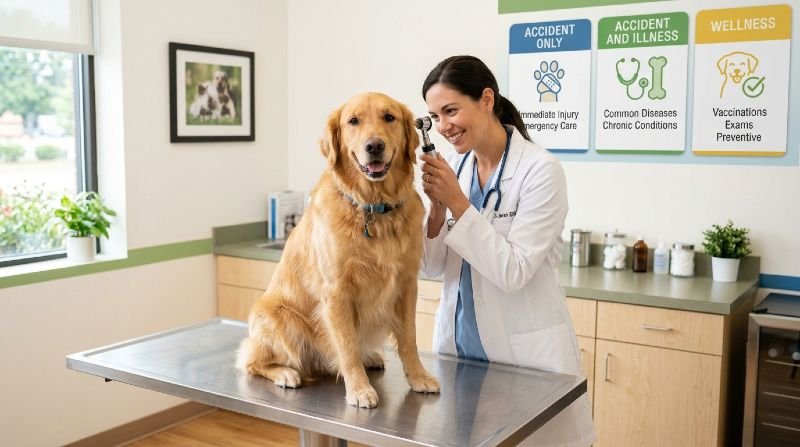 Dog at vet clinic with pet insurance coverage types illustrated