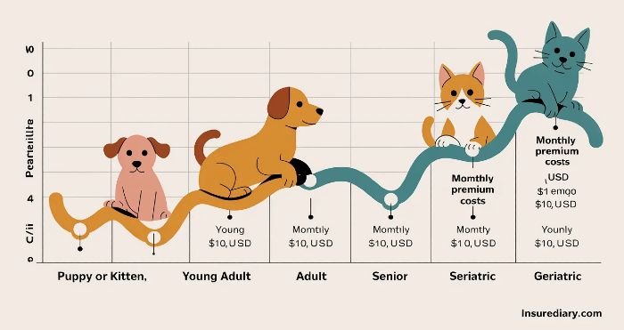 Infographic showing how pet insurance premiums increase across life stages