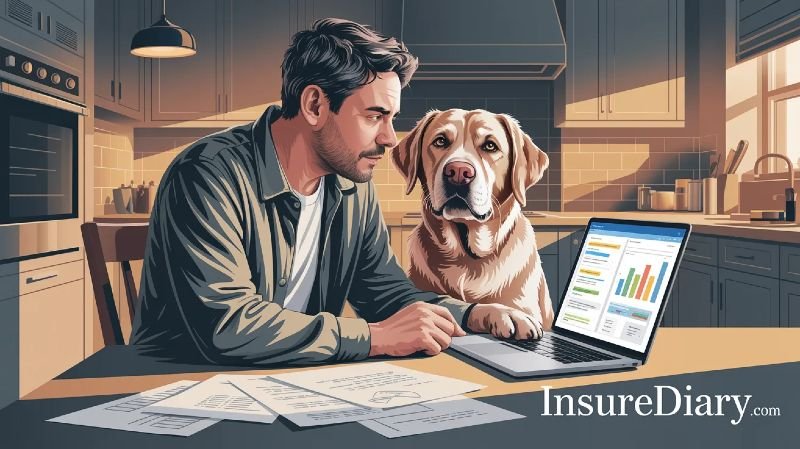Pet owner comparing pet insurance quotes on laptop for senior dog