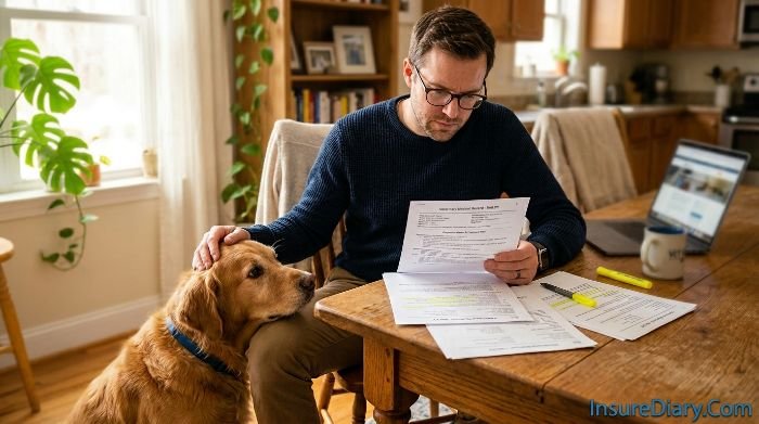 Dog owner reviewing veterinary medical records for pet insurance claim documentation