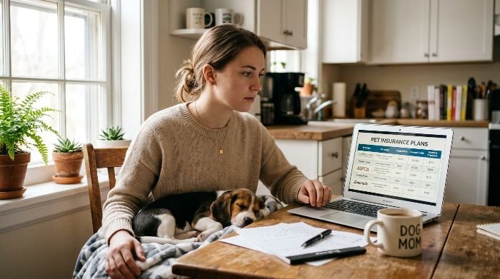 Woman comparing pet insurance plans on laptop with dog beside her