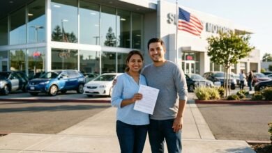 New immigrant couple holding car insurance documents outside US dealership