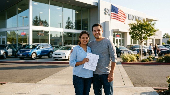 New immigrant couple holding car insurance documents outside US dealership