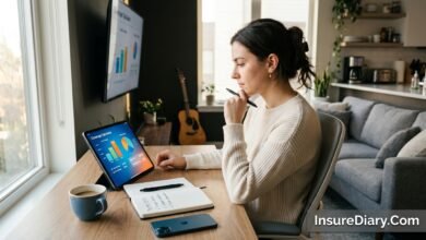 Person calculating renters insurance coverage amounts with apartment belongings in background