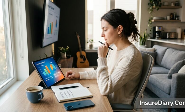 Person calculating renters insurance coverage amounts with apartment belongings in background