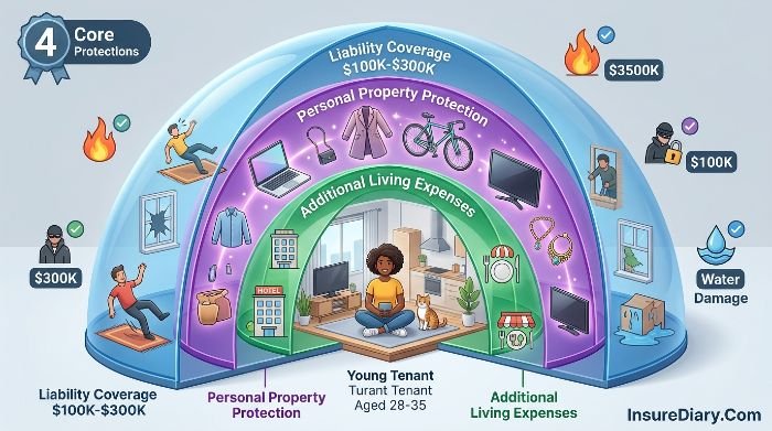 Layered diagram showing four main types of renters insurance coverage protection