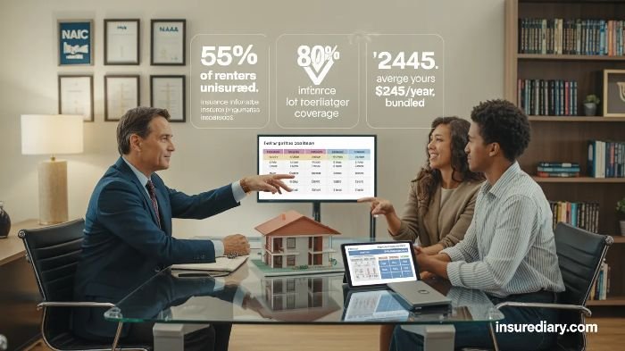 Insurance expert consulting with renters about coverage requirements and policy options