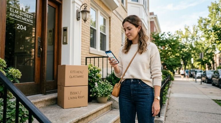 Young renter checking insurance policy on phone during moving day