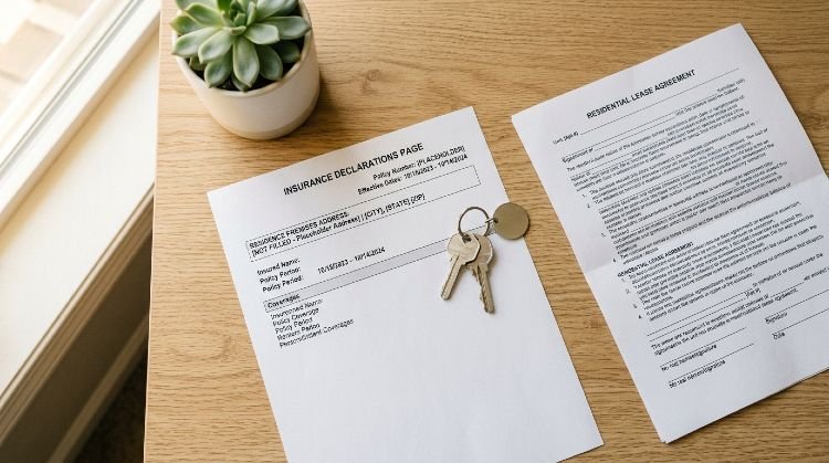 Open renters insurance declarations page next to apartment keys and lease