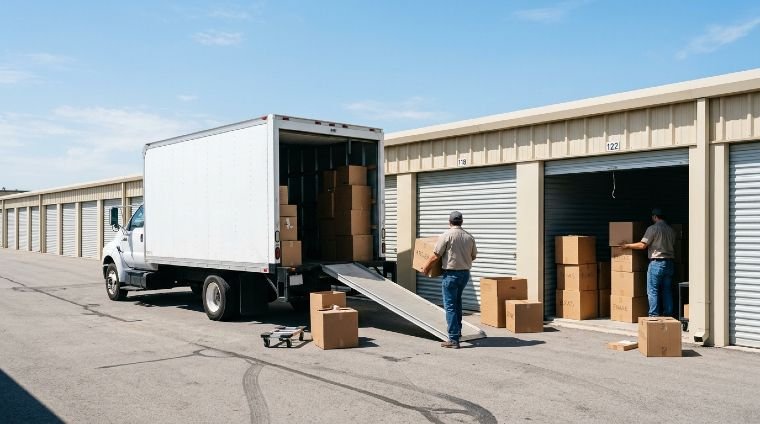 Moving truck and storage unit with cardboard boxes being loaded