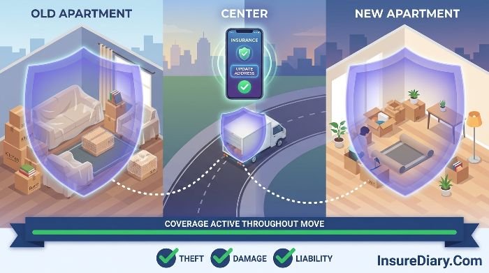 Illustration showing continuous renters insurance coverage protection during apartment move transition