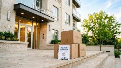 Renters insurance document and moving boxes outside new apartment