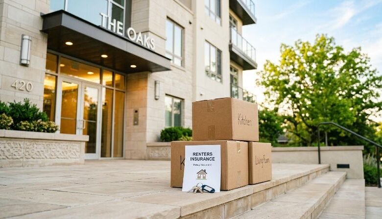 Renters insurance document and moving boxes outside new apartment