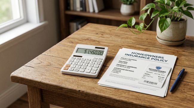 Calculator and insurance documents showing security system discount savings