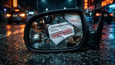 A cracked side mirror reflecting an overdue insurance bill with red stamp, symbolizing insurance policy lapse consequences