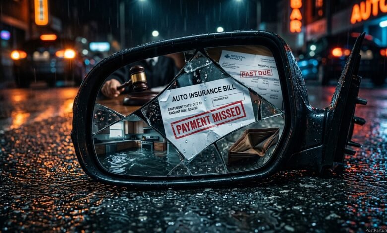 A cracked side mirror reflecting an overdue insurance bill with red stamp, symbolizing insurance policy lapse consequences