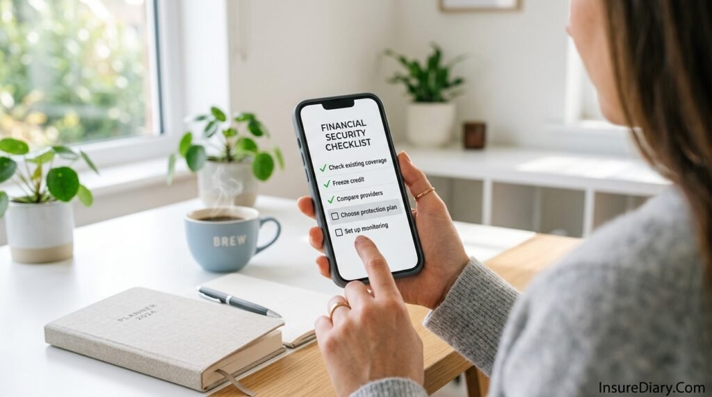 Person checking off identity theft protection action items on smartphone checklist app