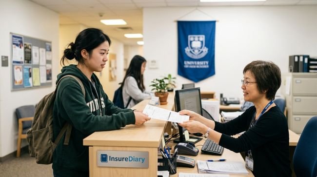 International student submitting health insurance waiver form at university office