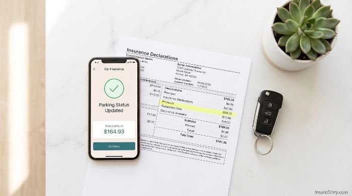 Smartphone showing car insurance parking update with declarations page and car key