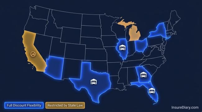 US map showing states where garage parking discount applies to car insurance rates