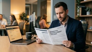 Worker reviewing employer life insurance enrollment form at office desk