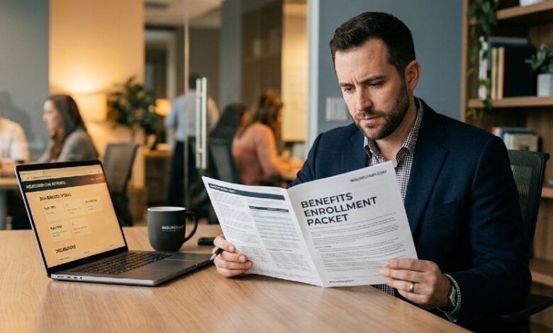 Worker reviewing employer life insurance enrollment form at office desk